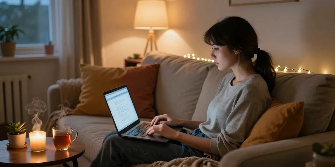 User enjoying AI sex chat in cozy home setting with laptop and warm lighting.