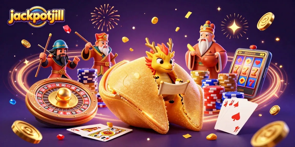 Win big with jackpotjill in this vibrant 3D casino-themed artwork showcasing fortune and fortune cookies.