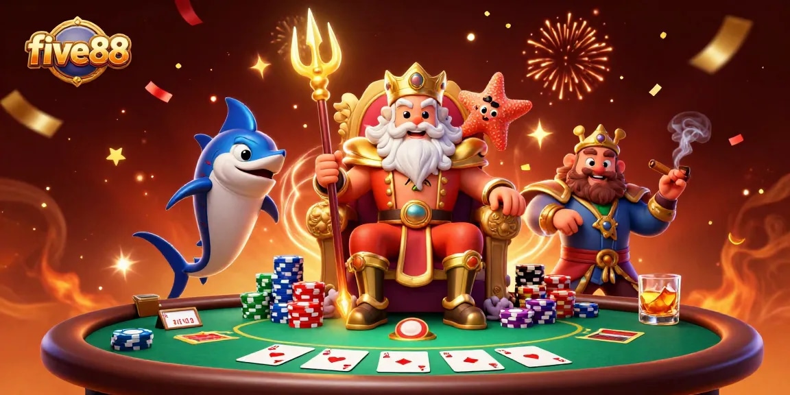 Experience the thrill of five88 with Neptune at a vibrant poker table surrounded by colorful chips.