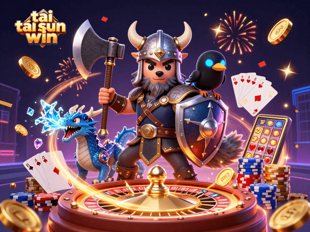 Engage in thrilling adventures with tải sun win, showcasing a warrior, dragon, and vivid casino elements.