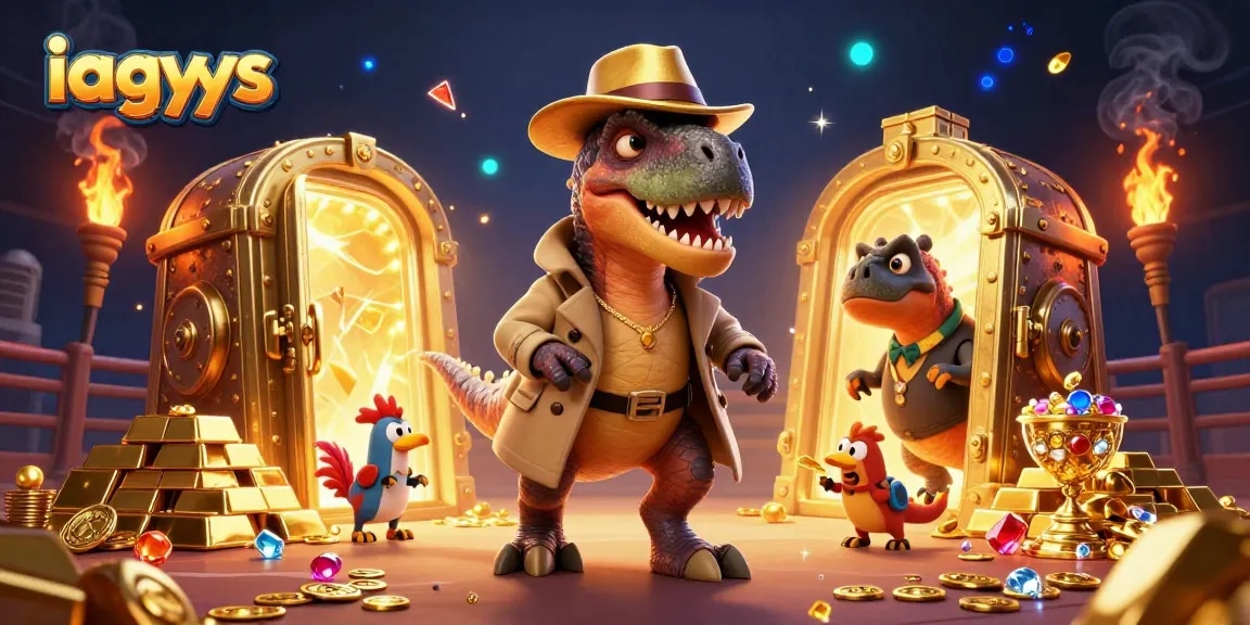 Watch the iagyys velociraptor card counter sneak chips at a cockfighting arena, surrounded by treasures.
