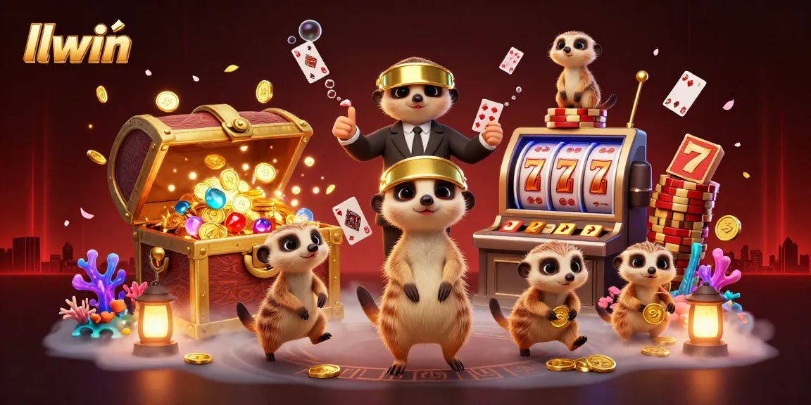 llwin's dynamic meerkat casino scene showcases lively action with slot reels, chips, and vibrant treasures.