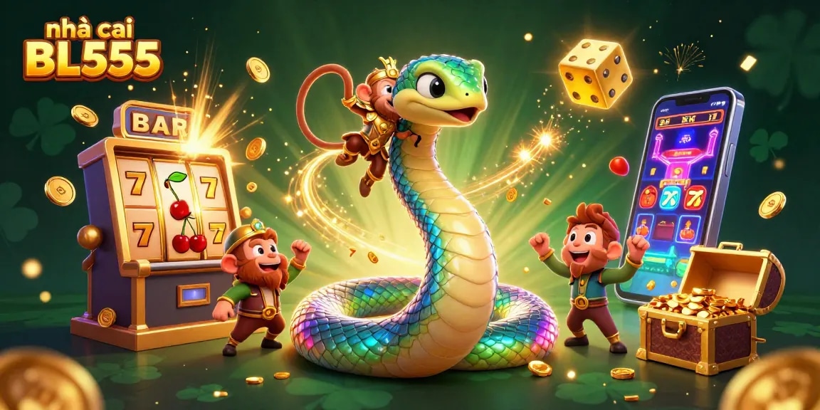 Engage with nhà cái BL555 through this vibrant carnival of colors, showcasing a rainbow serpent and jackpot action.