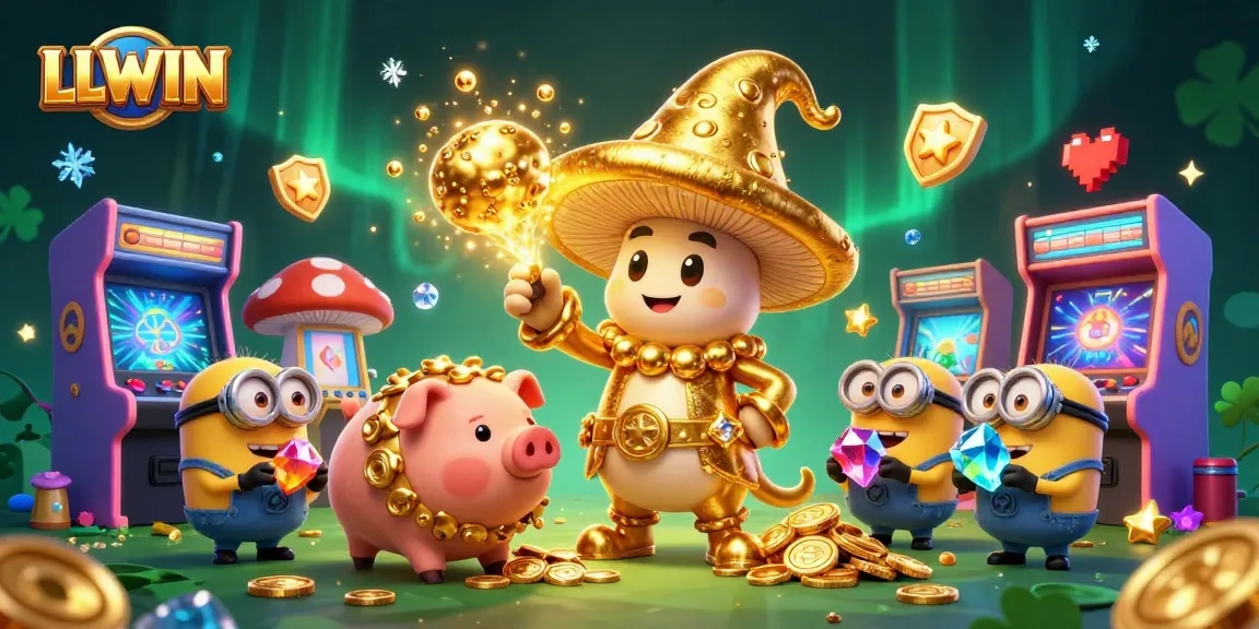 Engage with LLWIN's vibrant online gaming scene featuring a golden mushroom wizard and treasure elements.