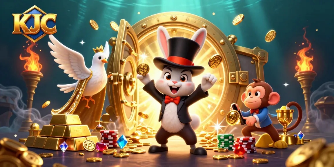 Experience winning at KJC with a cartoon illustration of a magician rabbit, a dove, and a monkey.