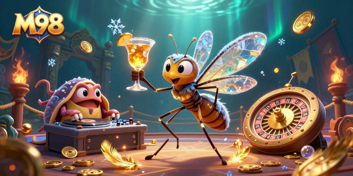 M98 takes center stage with an amber mosquito mascot and vibrant casino motifs, showcasing immersive gameplay