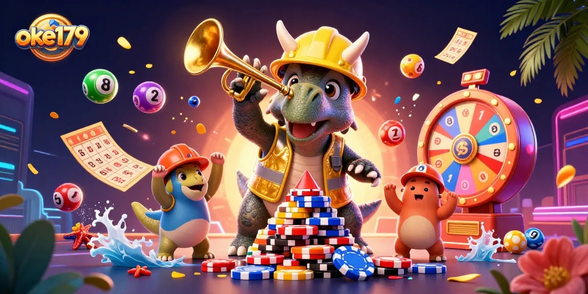 Experience excitement with oke179 as a triceratops celebrates while building poker chips.