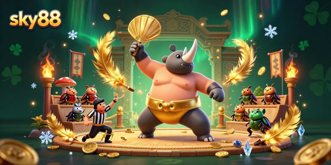 Experience thrilling action at sky88 with a vibrant scene featuring beetle sumo wrestling amidst flying coins and dramatic game elements.