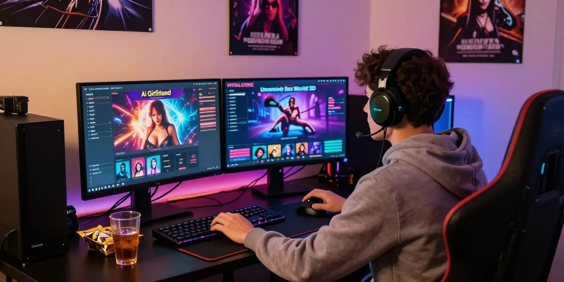 Gamer engaged in HTML porn games on a dual monitor setup, showcasing vibrant titles in a cozy, illuminated space.
