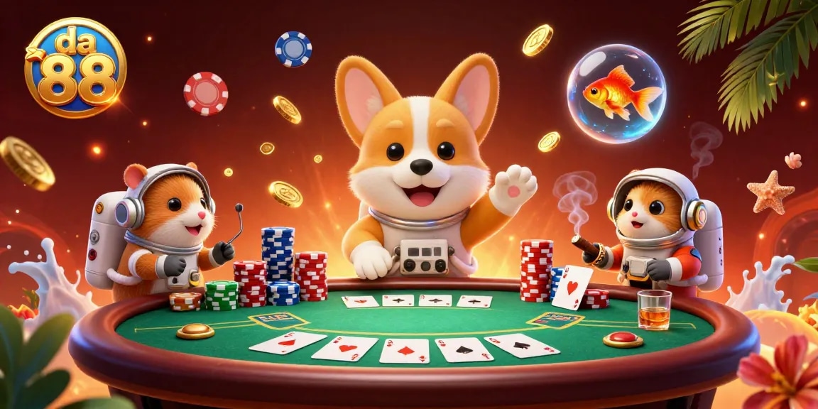 Engaging 3D casino art featuring da 88 with a corgi, hamster, and goldfish amidst floating poker elements.