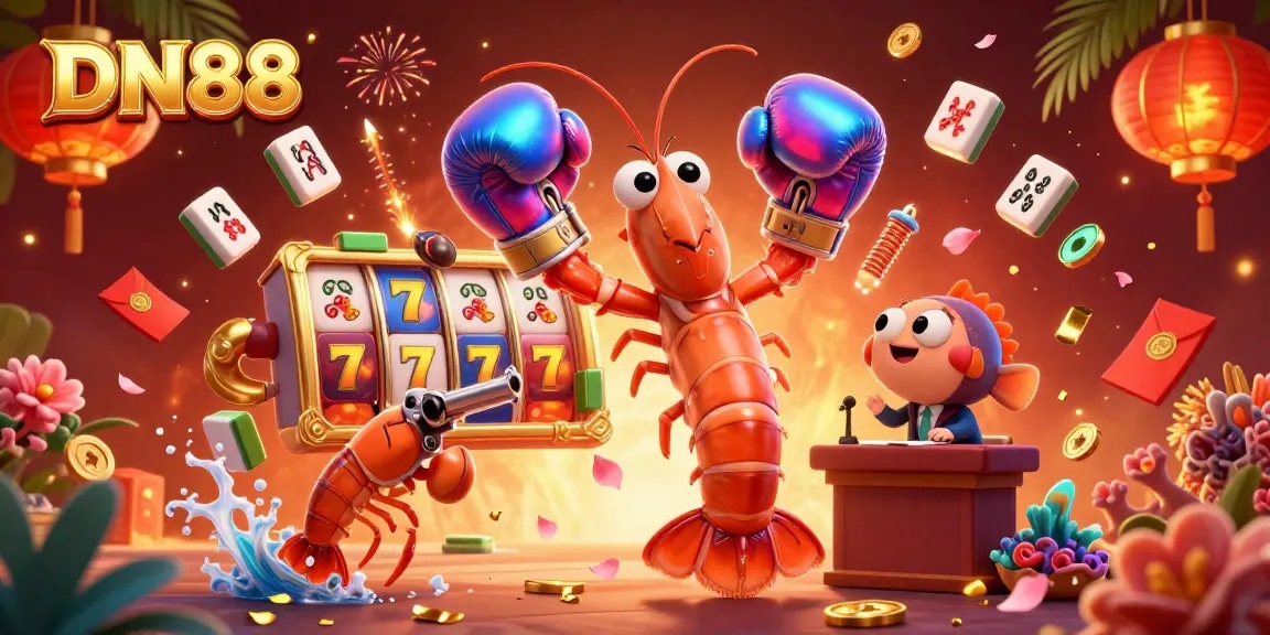 Experience the thrill of DN88's vibrant casino atmosphere with dynamic slot reels and energetic characters.