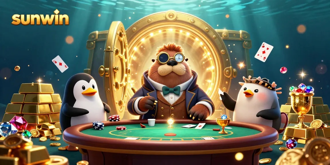 Join the sunwin poker game with a walrus and penguin dealer amidst treasure!