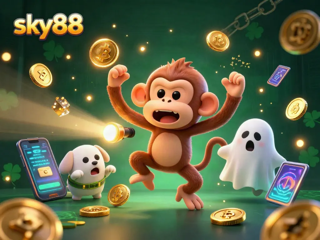 Experience thrilling sky88 action with a playful poltergeist monkey juggles gold in a haunted casino.