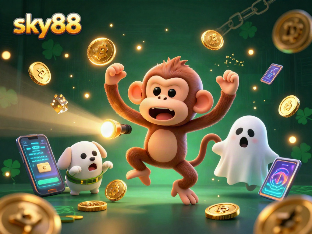 Experience thrilling sky88 action with a playful poltergeist monkey juggles gold in a haunted casino.