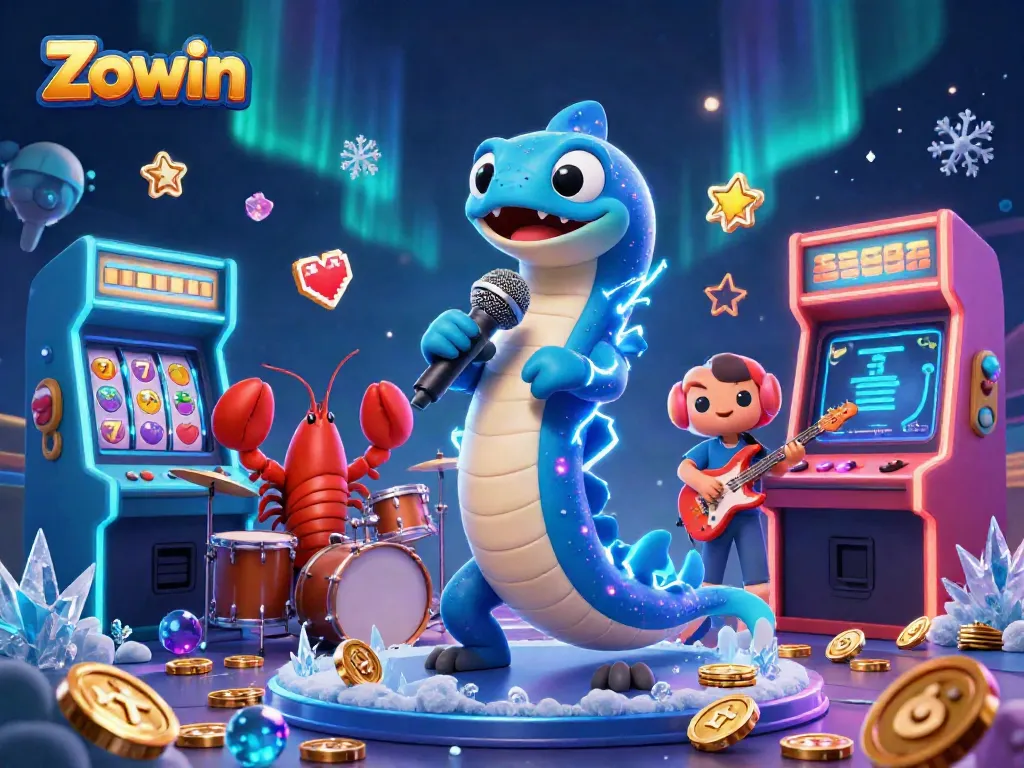 Zowin showcases an electric eel DJ performing at an underwater casino surrounded by vibrant game elements.