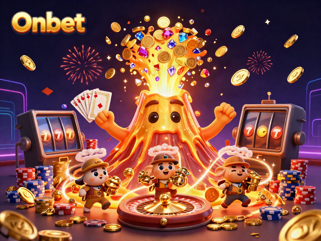 Onbet showcases a vibrant scene filled with golden treasures, dynamic game elements, and energetic characters.