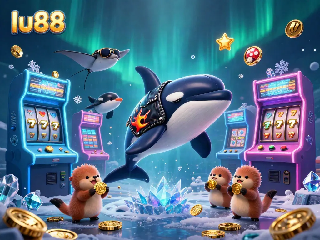 lu88's exciting gaming experience illustrated with an orca and playful sea creatures celebrating wins in a vibrant casino setting.
