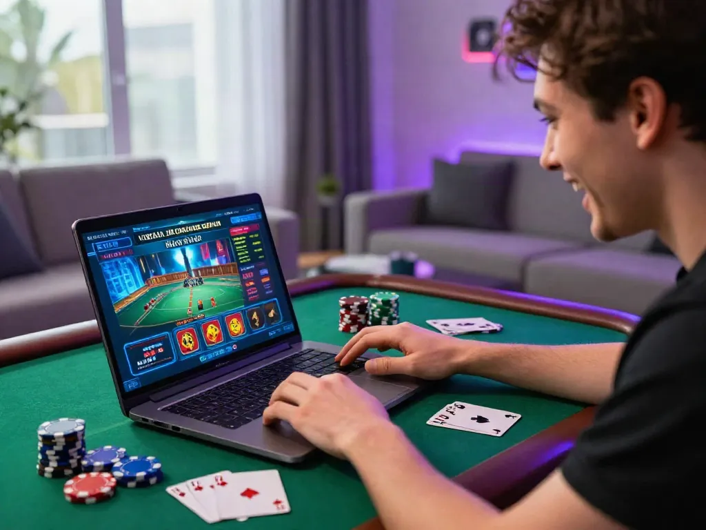 Player enjoying credit card casinos, surrounded by gaming gear and vibrant atmosphere.