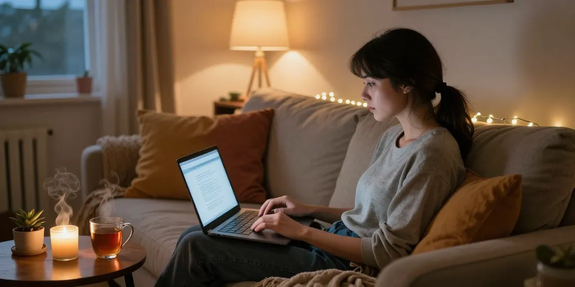 User enjoying AI sex chat in cozy home setting with laptop and warm lighting.