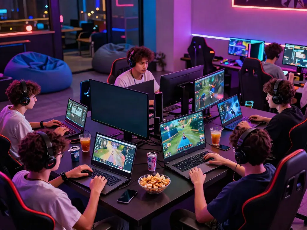 Online gaming players engaged in dynamic gameplay at http://debet-onl.com in a vibrant lounge.