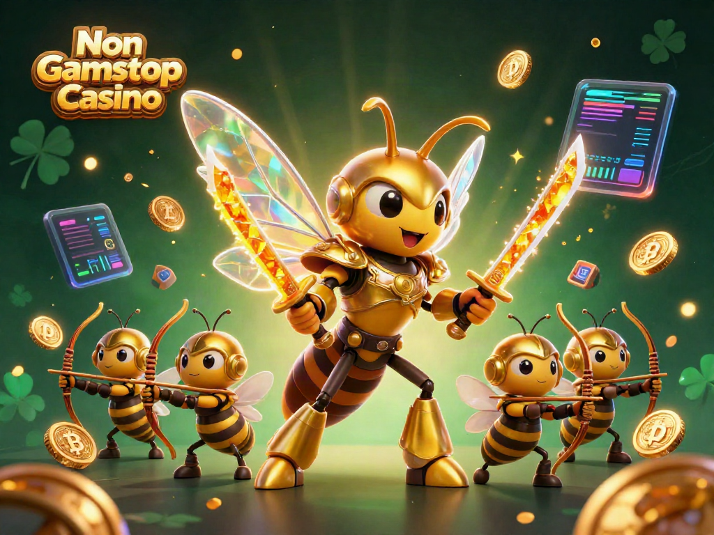 Dynamic 3D illustration showcasing Non Gamstop Casino with a golden hornet in samurai armor and interactive gaming elements.