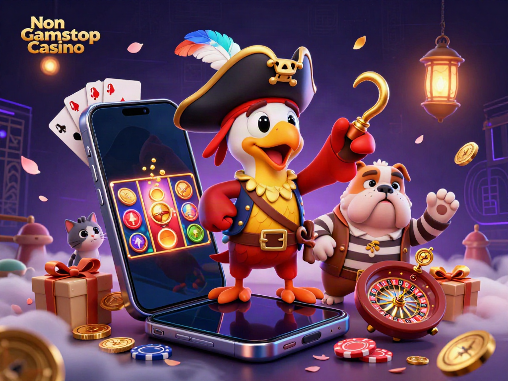 Engage with Non Gamstop Casino through a vibrant 3D cartoon scene of a pirate captain, a bulldog, and a cat surrounded by colorful gaming elements.