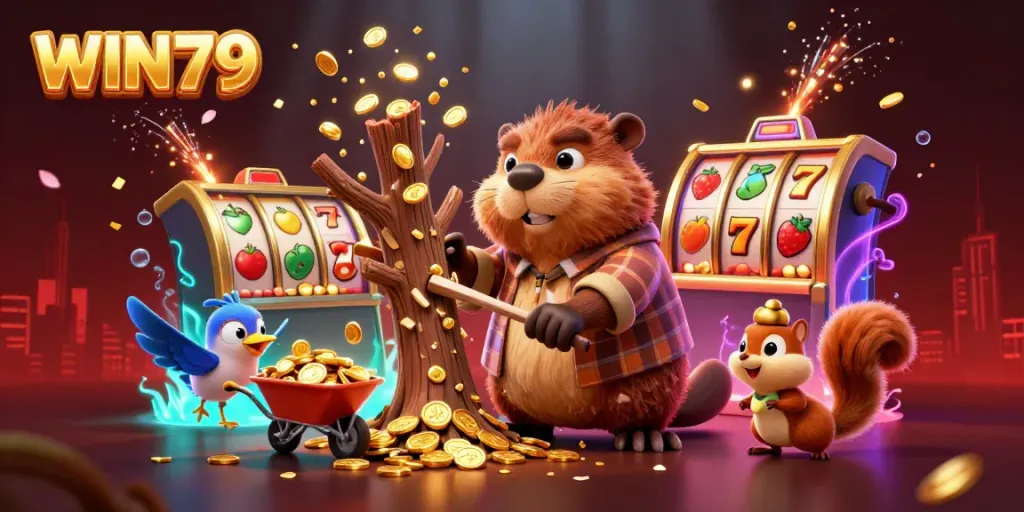 Experience vibrant gameplay with WIN79 as the cartoon beaver collects golden coins in an exciting casino scene.