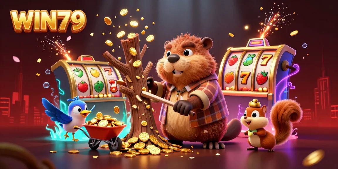 Experience vibrant gameplay with WIN79 as the cartoon beaver collects golden coins in an exciting casino scene.