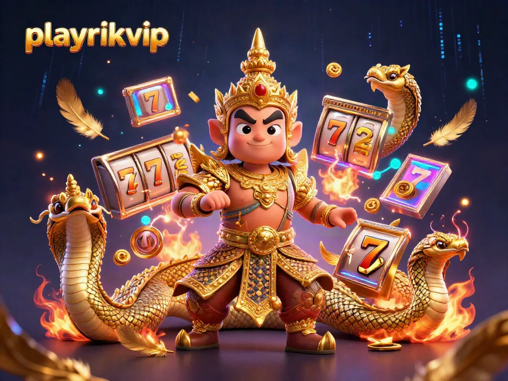 Experience playrikvip's vibrant casino adventure with golden slot reels and fierce guardians.