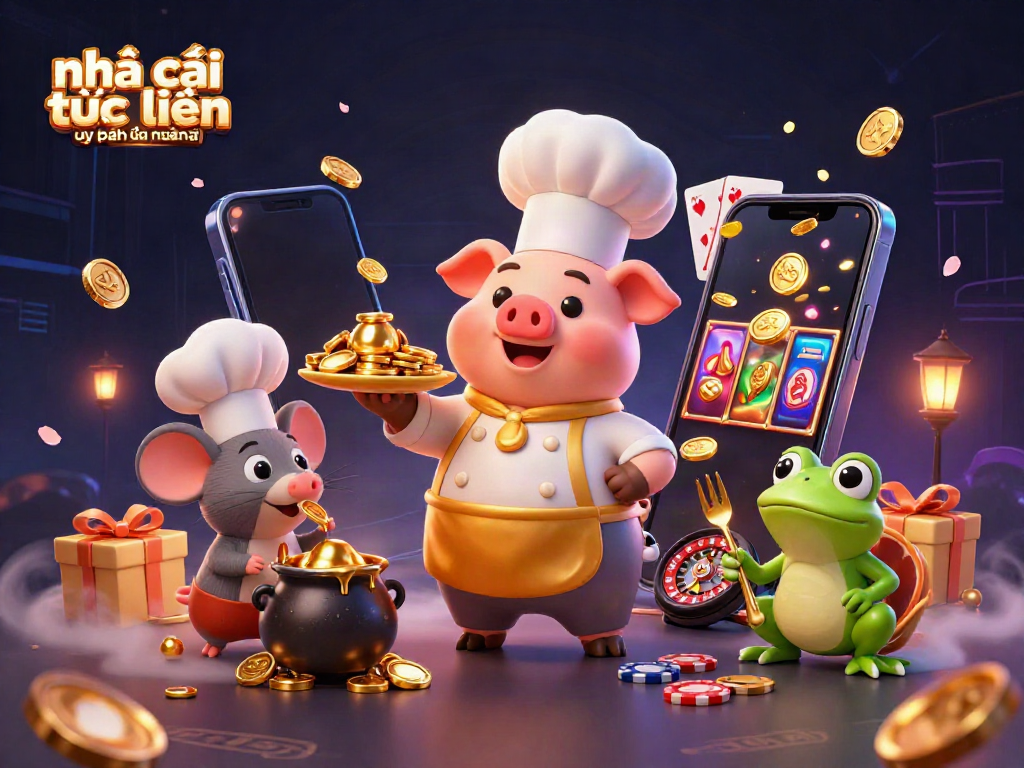 Engaging scene promoting nhà cái trực tuyến uy tín cập nhật mới nhất with a chef pig, sous-chef mouse, and critic frog.
