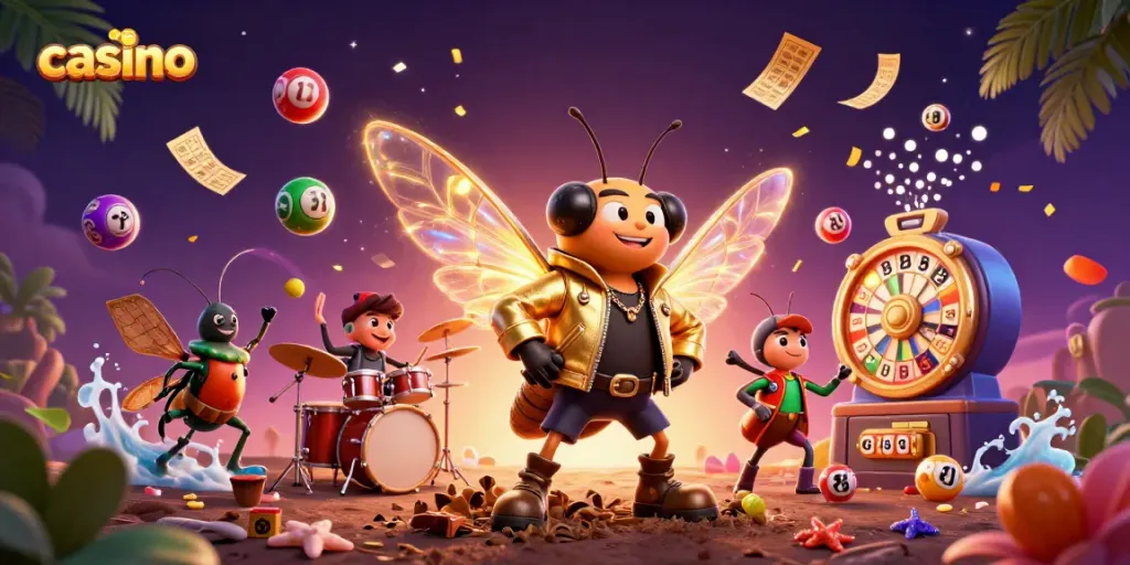 Rock star cicada jamming at a casino-themed celebration with colorful games and energy.
