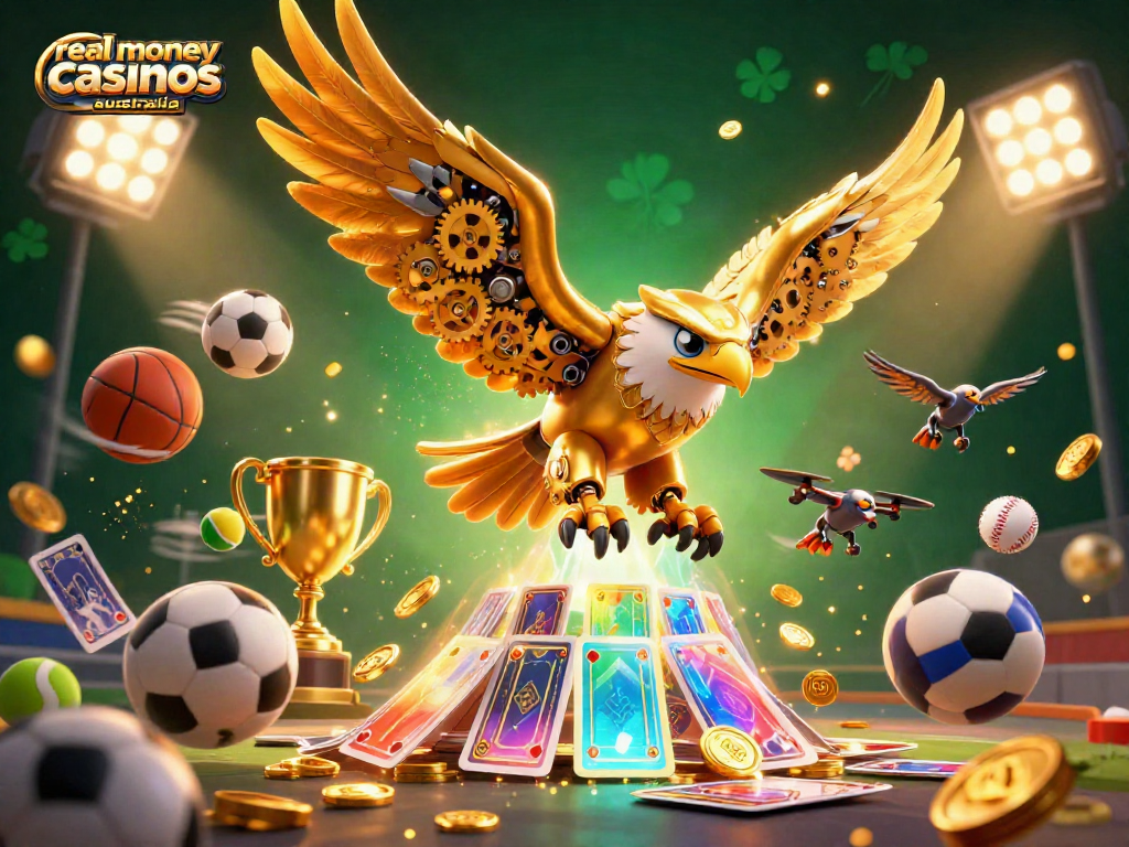Experience the thrill of real money casinos Australia with a cybernetic eagle diving through holographic cards.