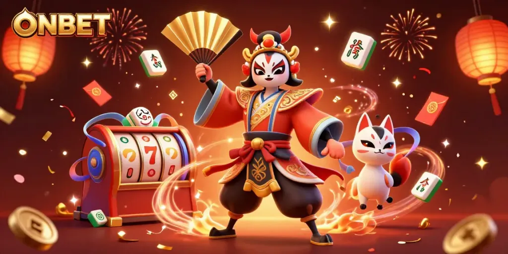 Engaging ONBET casino scene featuring a kabuki warrior, kitsune mask, and vibrant game elements.