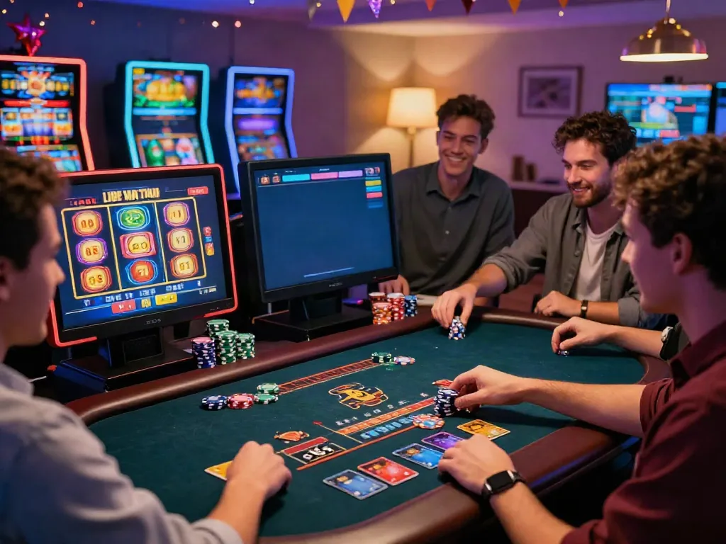Friends enjoying games at online credit card casinos in a lively home setting.