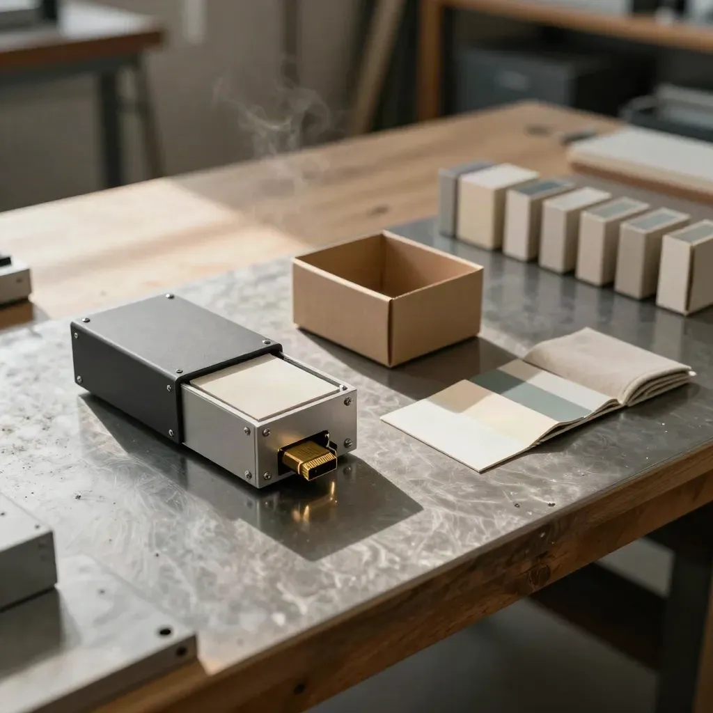 Seed-stage hardware prototype with finished units on a workshop bench in warm side light