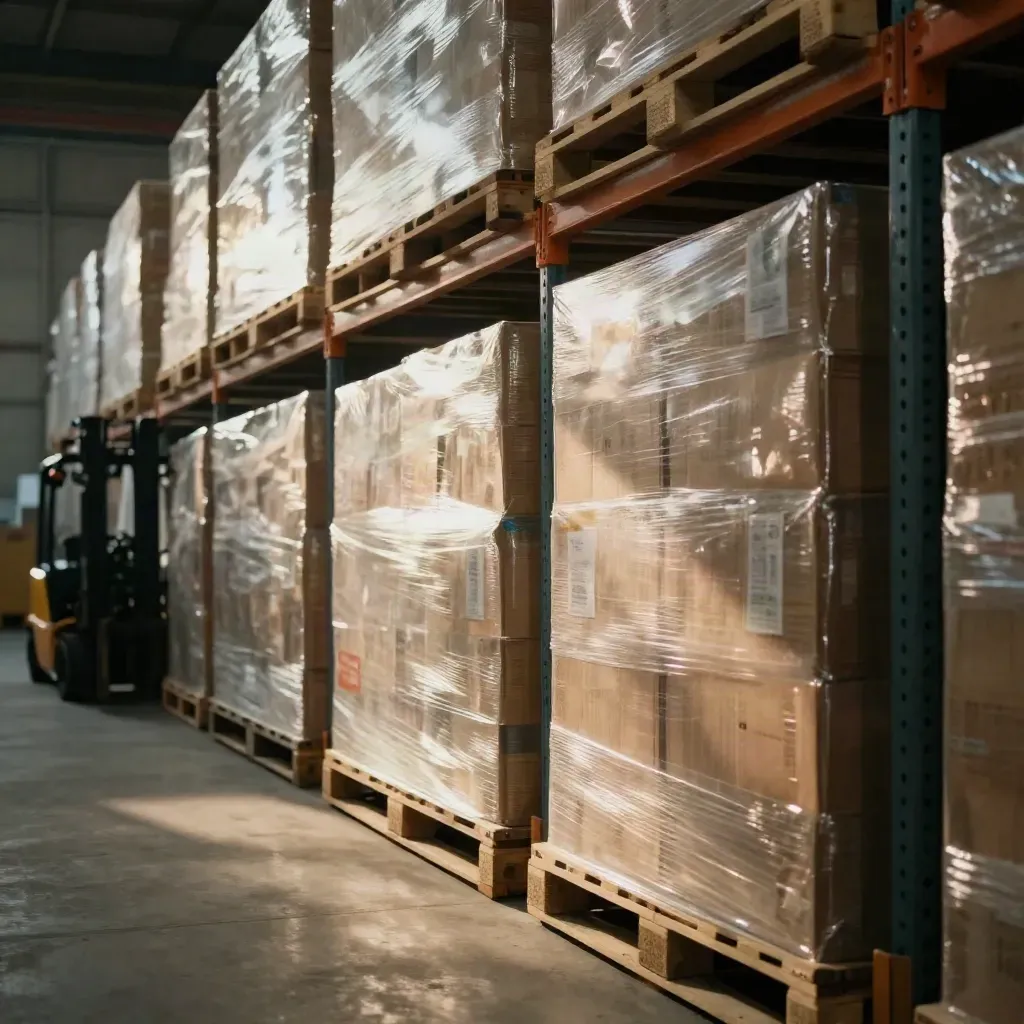 Replenished warehouse aisle with wrapped cartons and a diagonal forklift lane in warm late-afternoon light