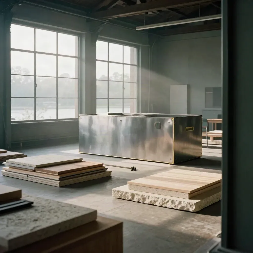 Funded warehouse workspace with prototype, sample boards, crate and scale model in cinematic morning light.