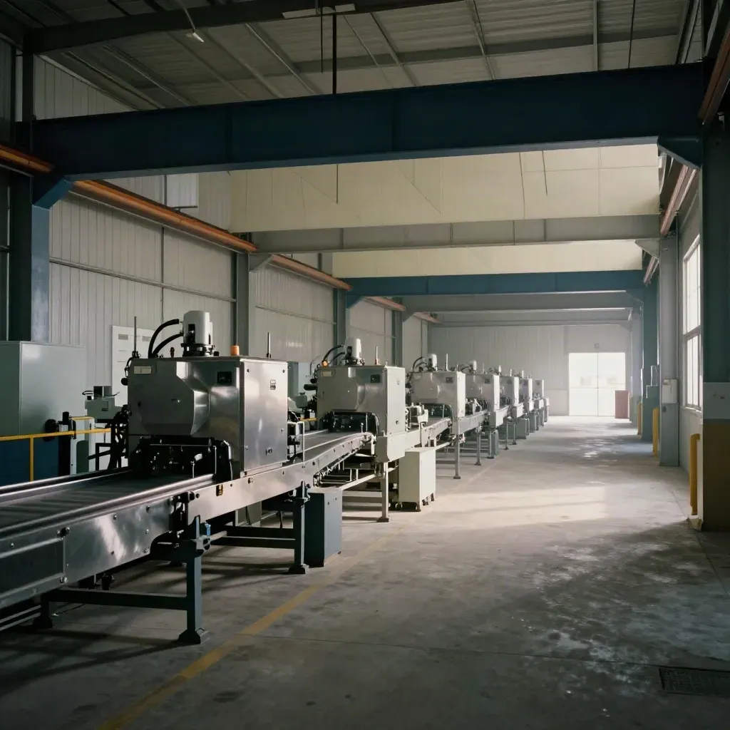 Expanded industrial bay with linked production lines and a bright corridor between finished spaces