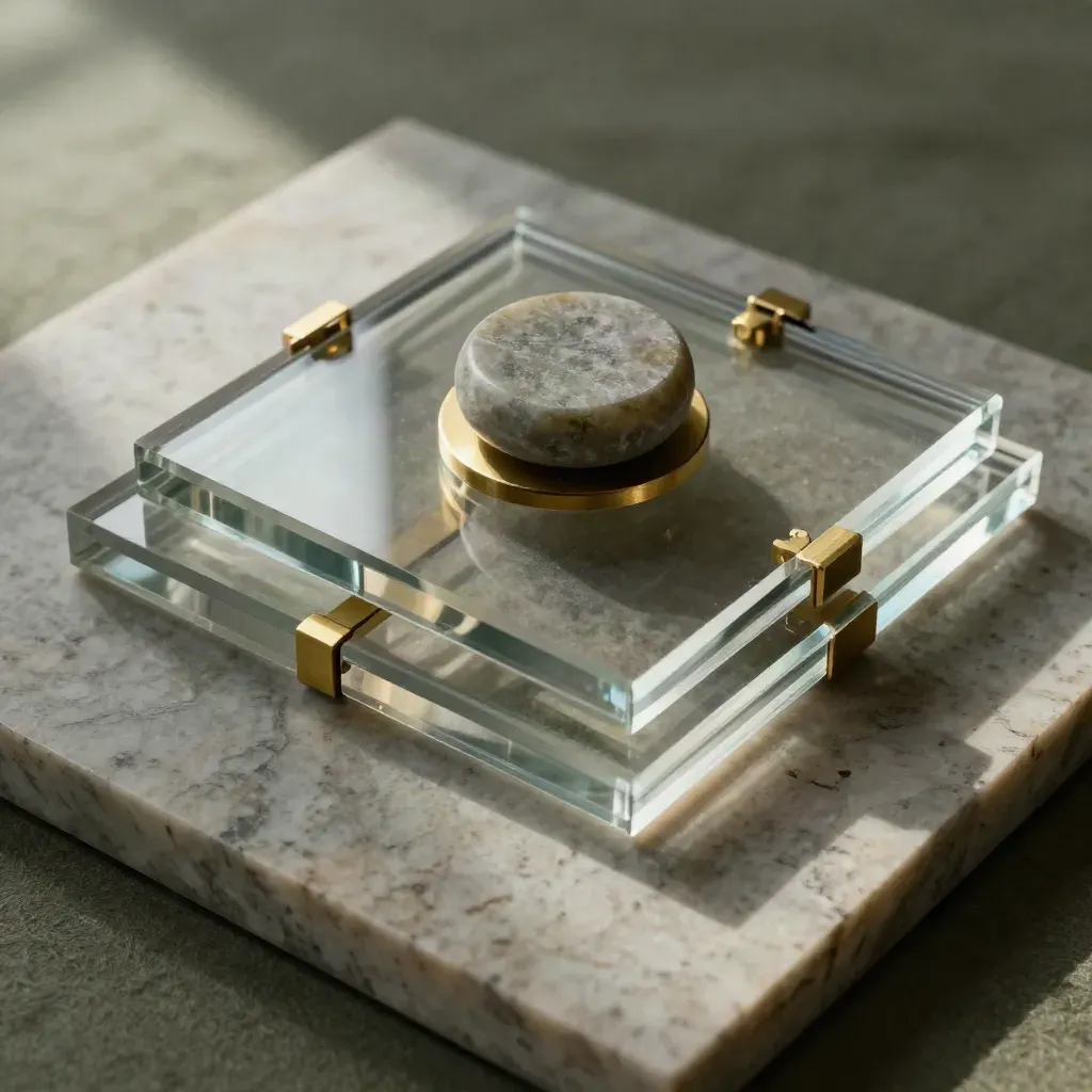 Top-down acrylic and brass stack with a stone weight on travertine, styled as a finance concept.