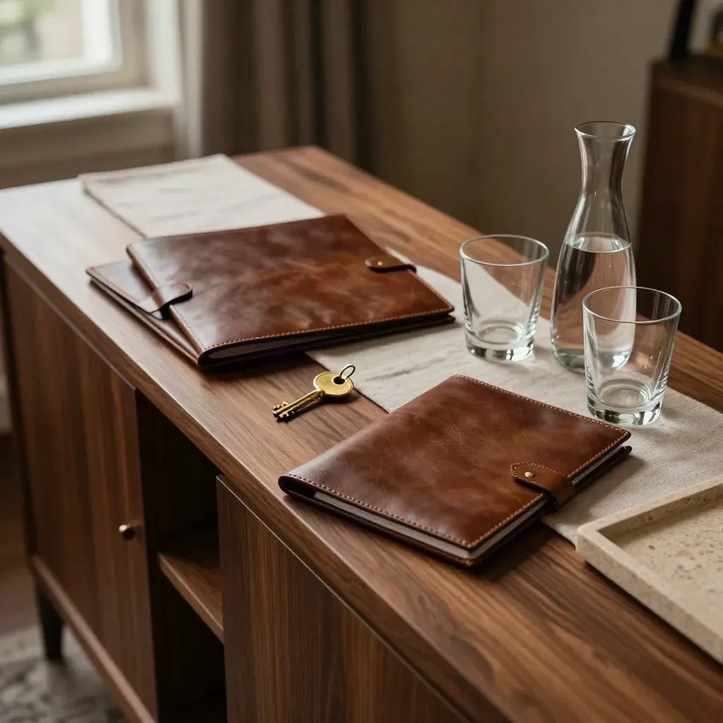 Hotel sideboard with leather folios, brass key and tumblers in warm evening light.