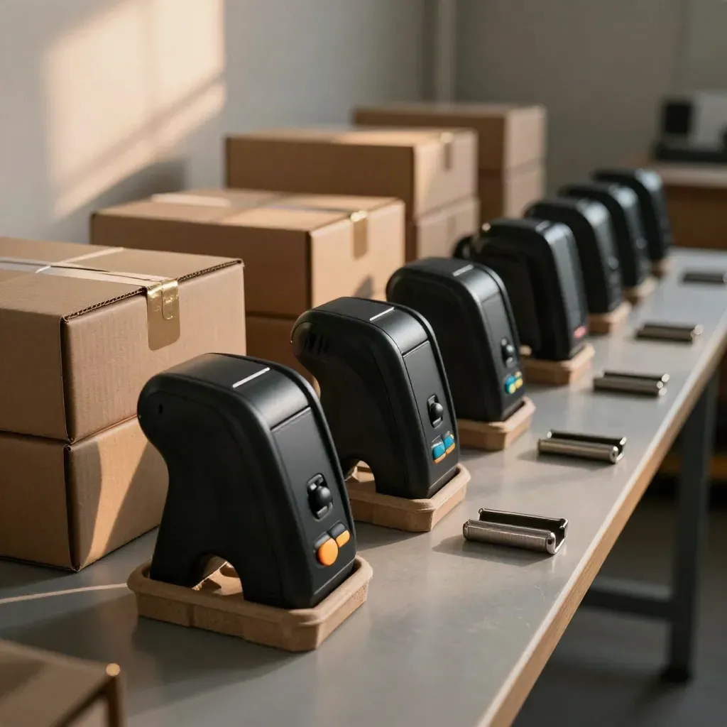 Matte-black payment terminals stacked on a dispatch table in warm late-afternoon warehouse light.