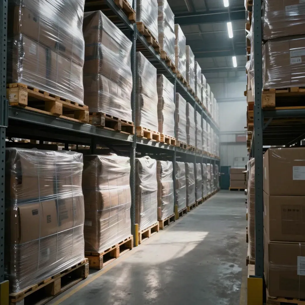 Stocked warehouse aisle with wrapped pallets and a clean loading bay under dramatic side light.