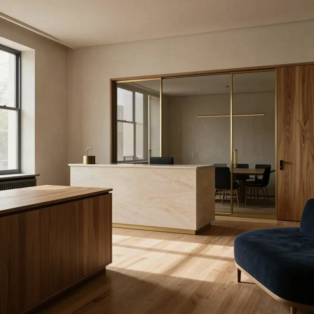 Unified services-office interior with warm oak joinery, timber floors, and subtle navy accents.