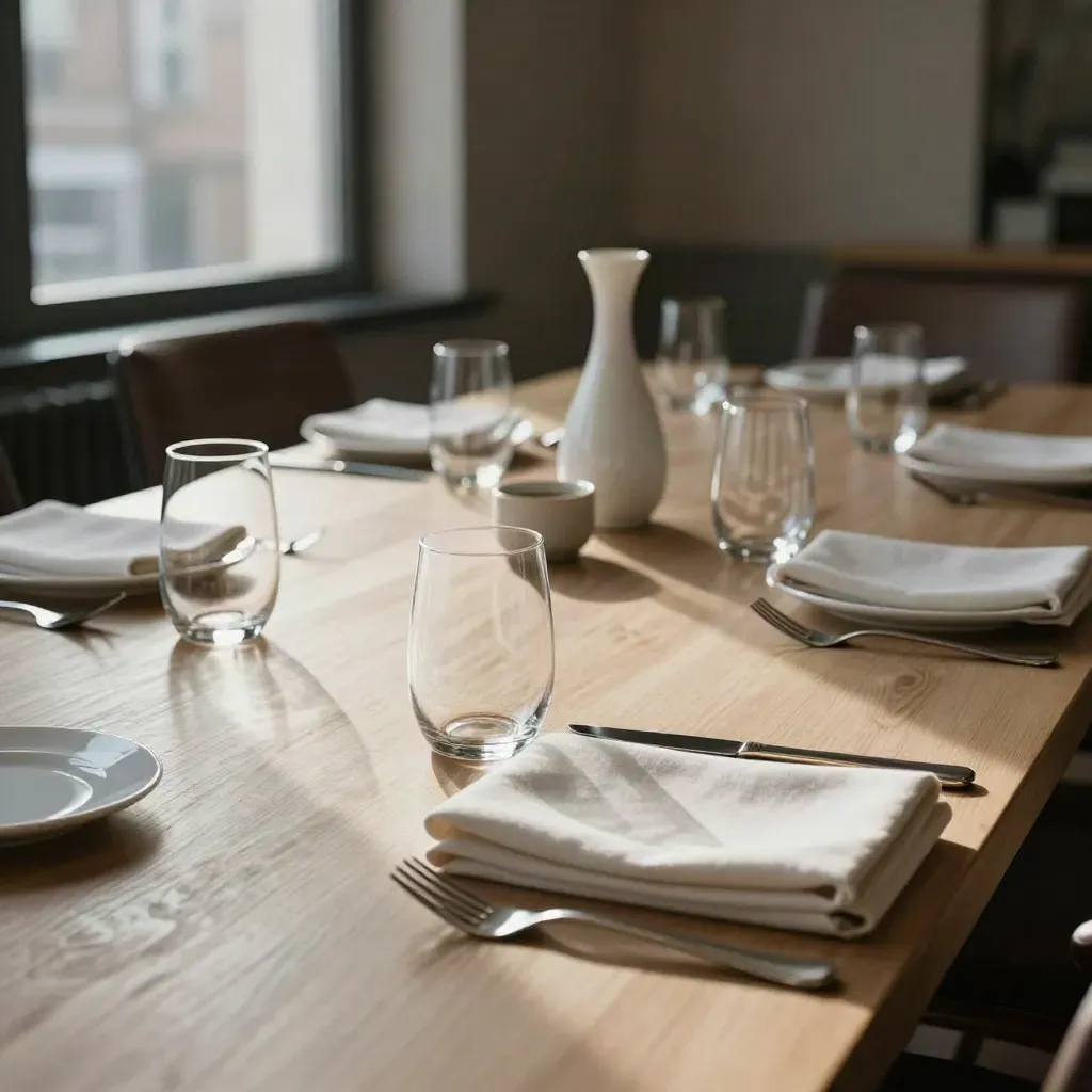 Six-place investor meeting suite with white settings, water glasses and closed notebooks
