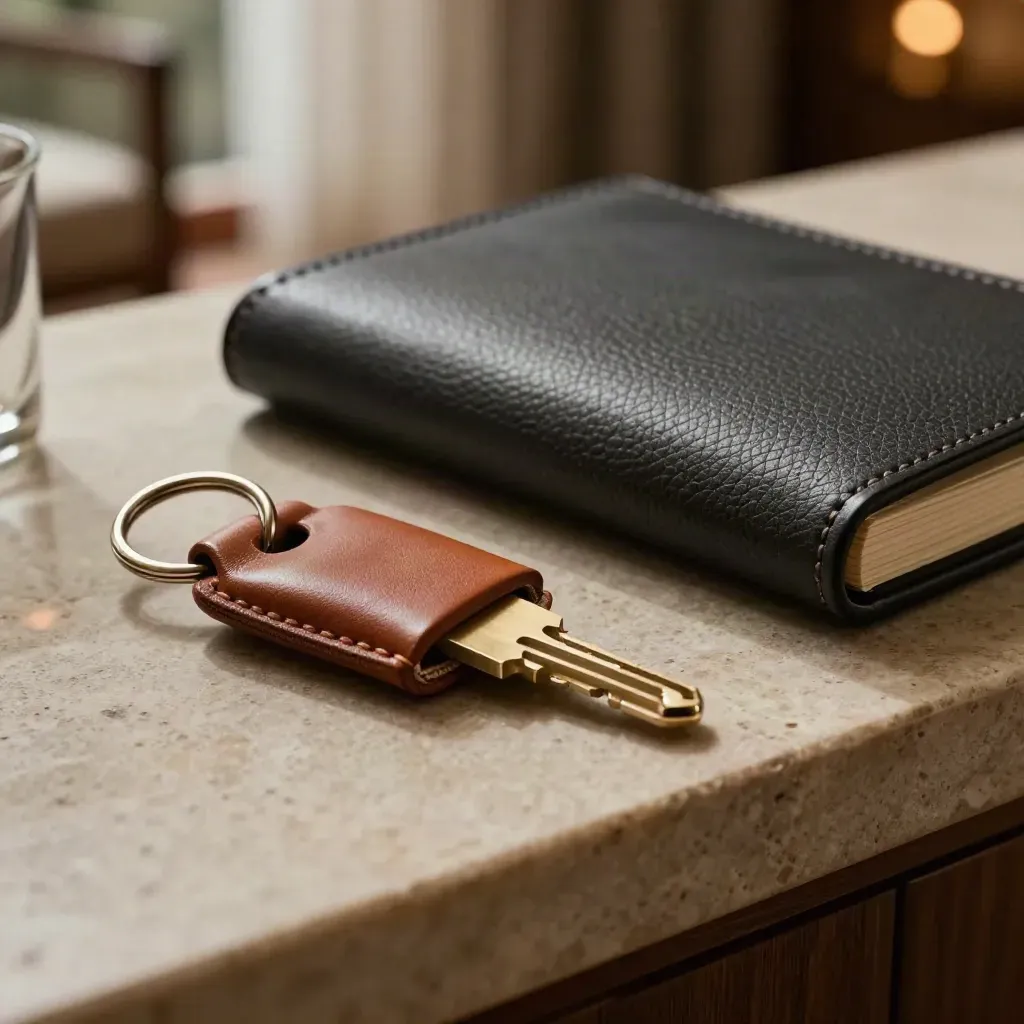 Key fob, brass marker and charcoal folio on a stone console in warm hotel light.