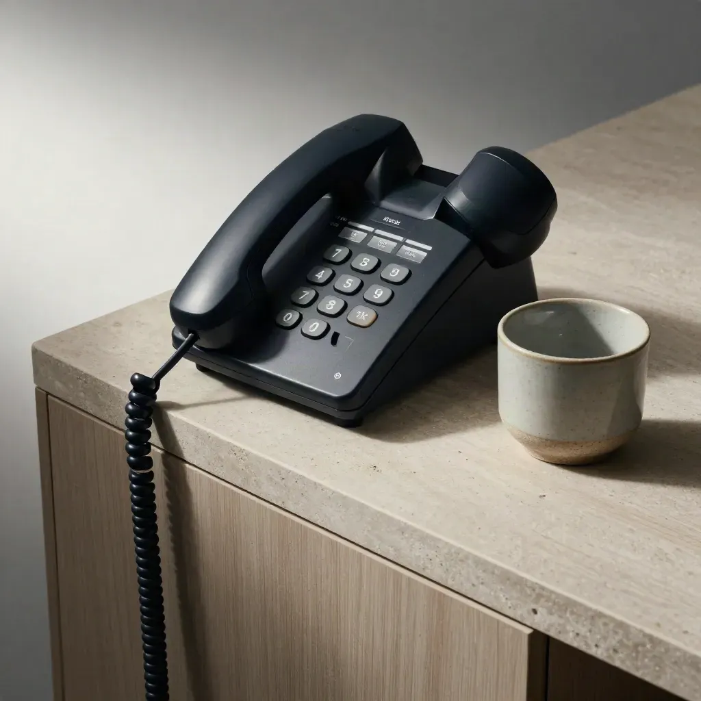 Desk phone handset, muted calendar block and ceramic cup on pale stone with a midnight navy accent.