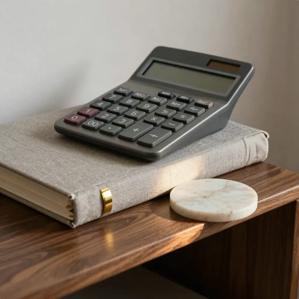 Calculator, closed deal binder, brass clip and coaster on a walnut shelf in soft light