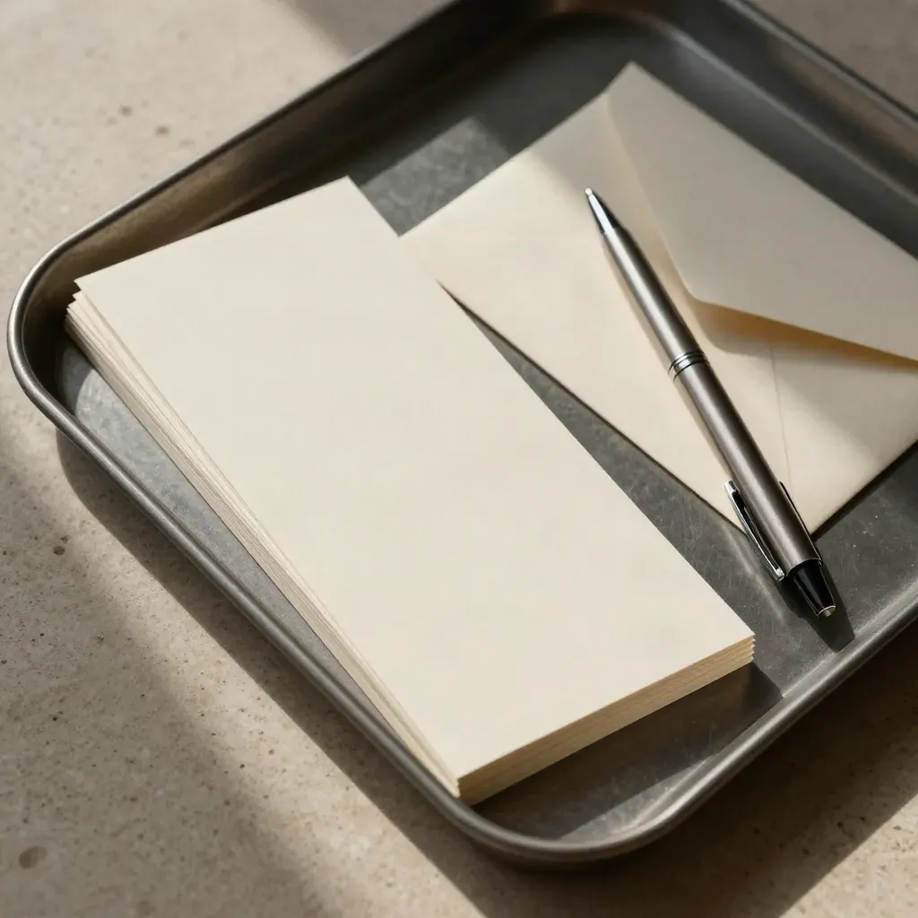 Top-down still life of investor-plan cards, sealed envelope and pen on a dark metal tray.