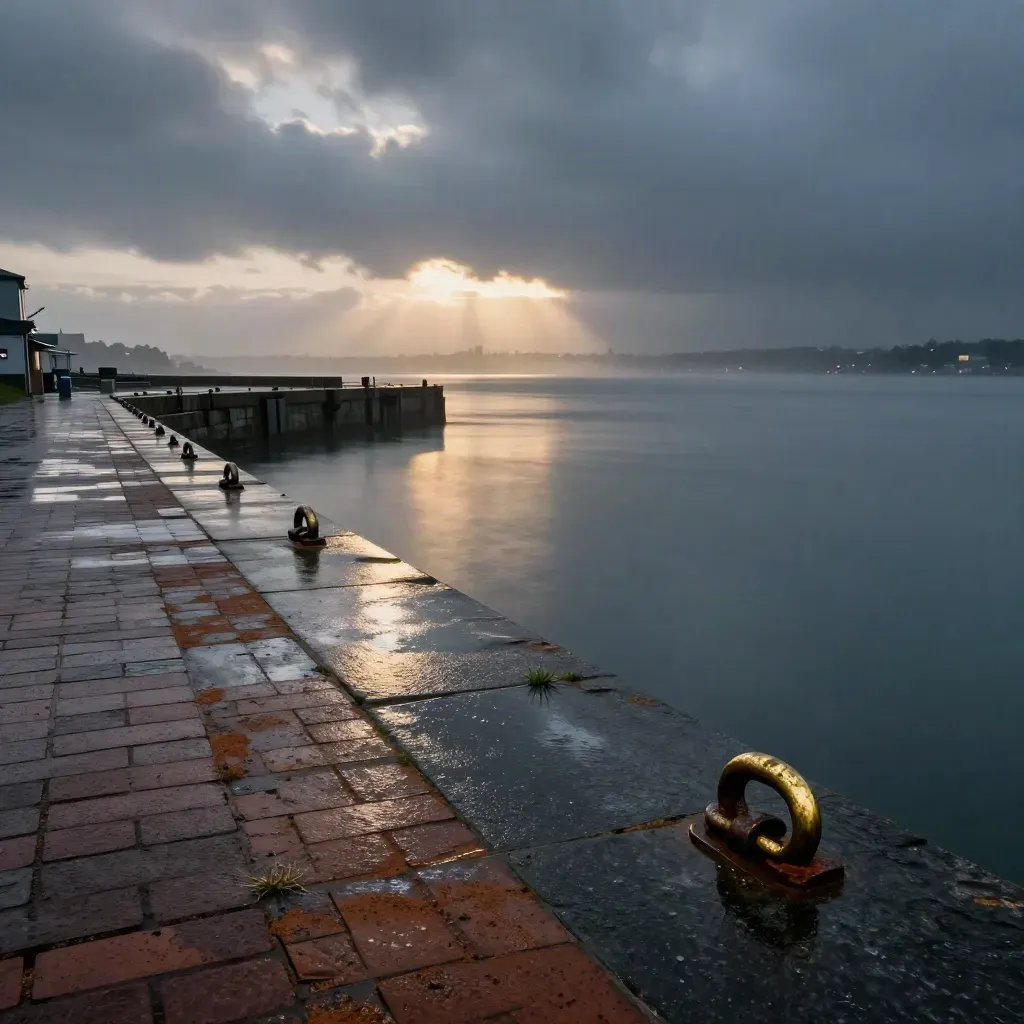 Rain-dark North West waterfront with wet stone, dock edges, haze, and distant city glow.