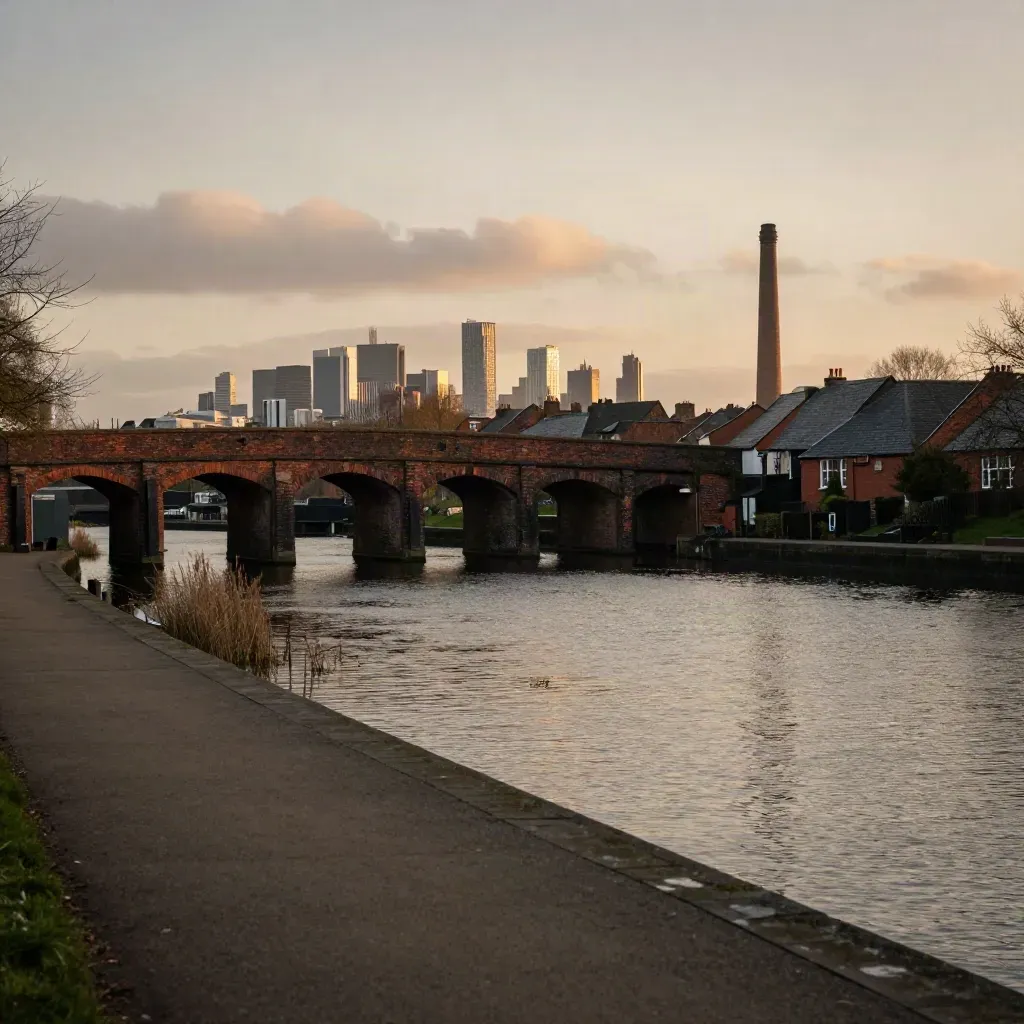 Midlands skyline over a canal and brick viaduct at dusk with soft haze.